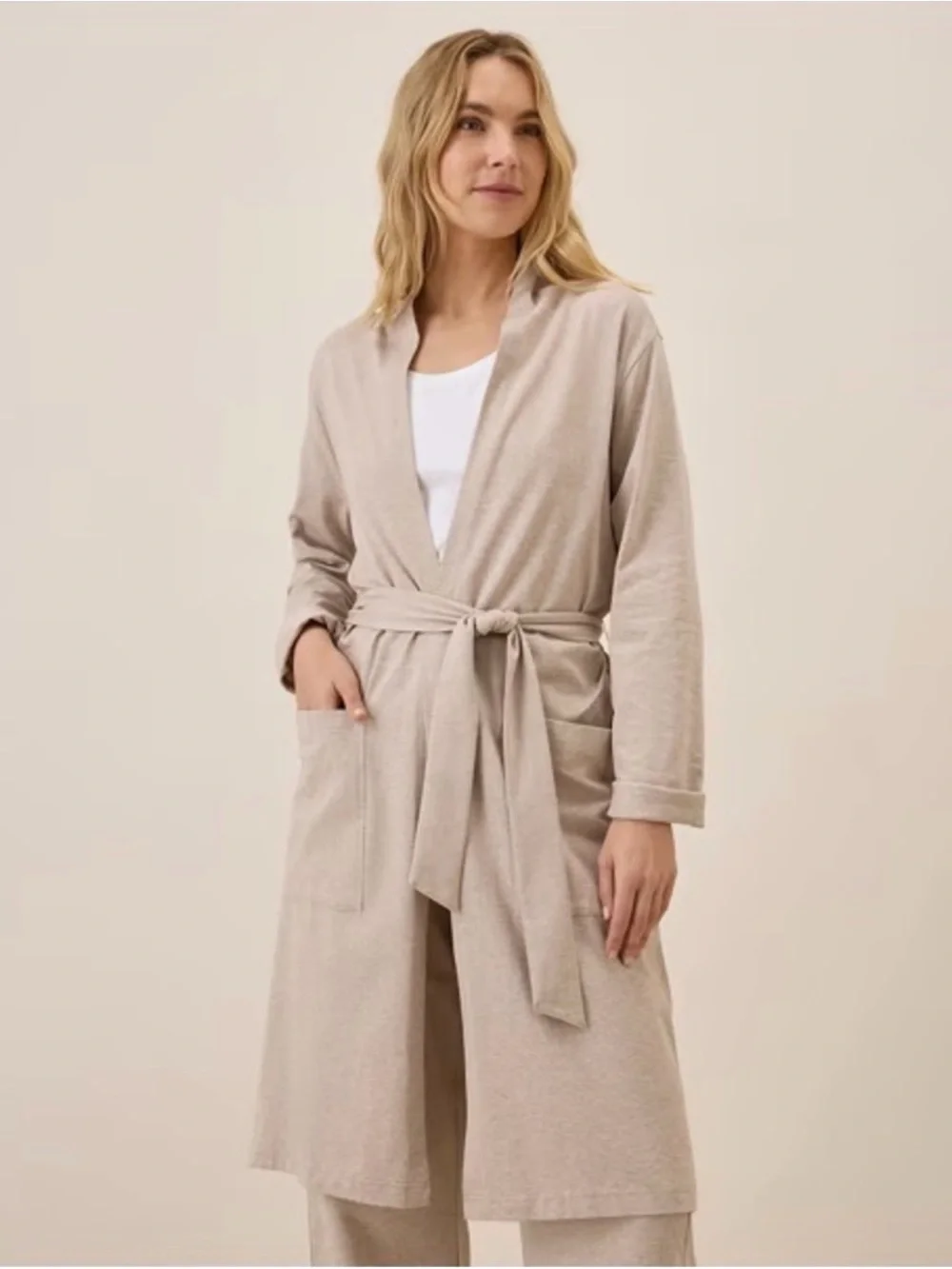PACT Cool Stretch Organic Cotton Lounge Duster Robe in Oat Heather Sz S